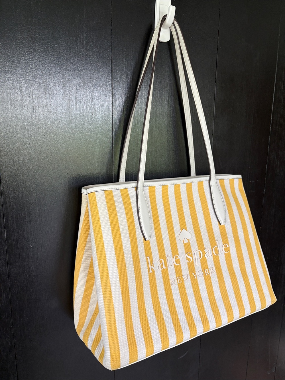 ☀️ Kate Spade City Striped Tote Bag. Canvas, Leather. Yellow, White!